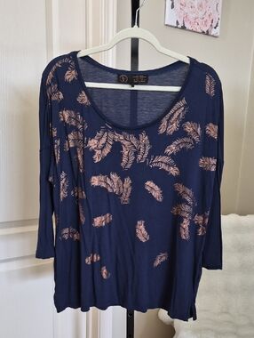 Fat Face Navy Long Sleeve Top with Rose Gold Feather Print Size 12